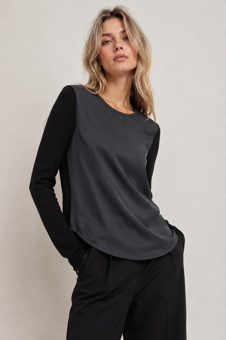 COS Black Wool Mixed Media Contrast Panel Long Sleeve Top US 2 Scandi Minimalist